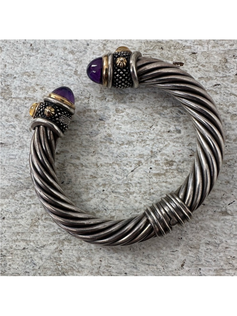 Vintage Sterling 18k Gold Amethyst Cabachon Cable Hinged Bangle